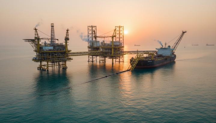 Saipem заключила контракты с Aramco на 600 млн долларов в Саудовской Аравии Морская нефтегазовая платформа в Персидском заливе на рассвете. Рядом с платформой судно-трубоукладчик прокладывает подводный трубопровод.