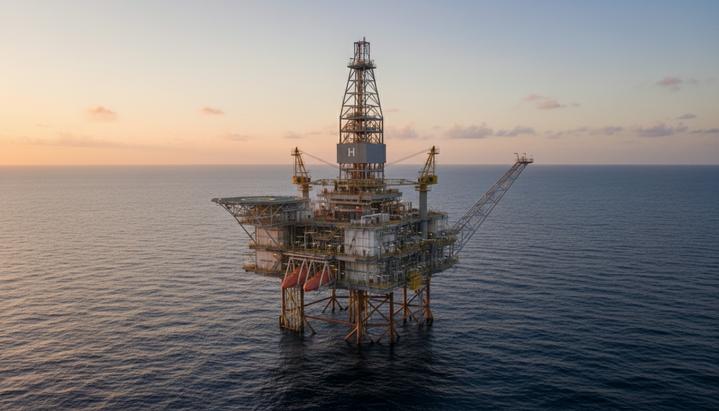 Harbour Energy возглавит разработку крупного нефтяного проекта Zama в Мексике Морская нефтегазовая платформа для добычи углеводородов в открытом океане на фоне ясного неба.