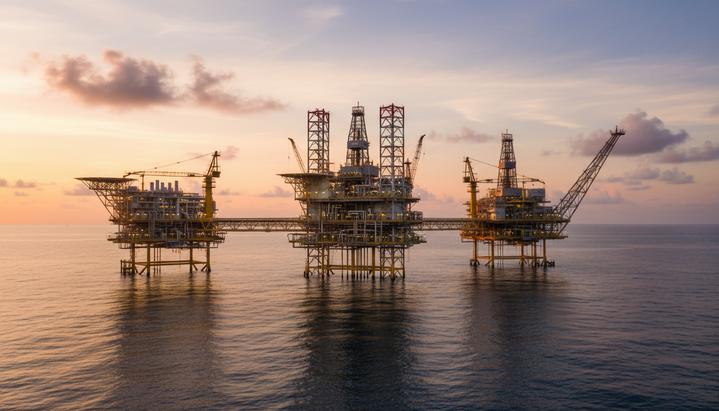 Морская нефтегазовая платформа в океане на рассвете. Видны стальные конструкции, трубы и вертолетная площадка.