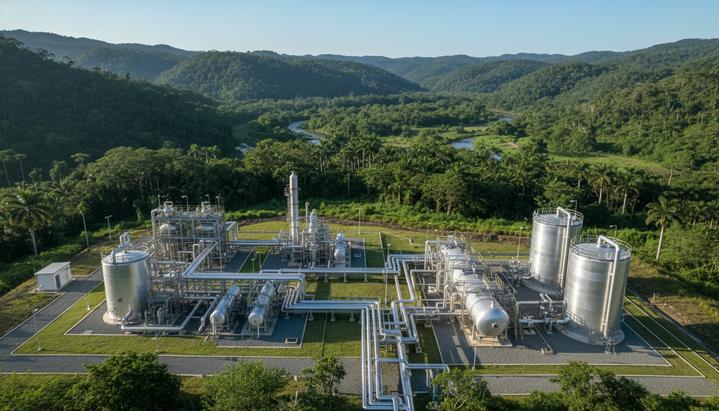 Современная газоперерабатывающая установка с трубопроводами и резервуарами в зеленой тропической долине Колумбии.