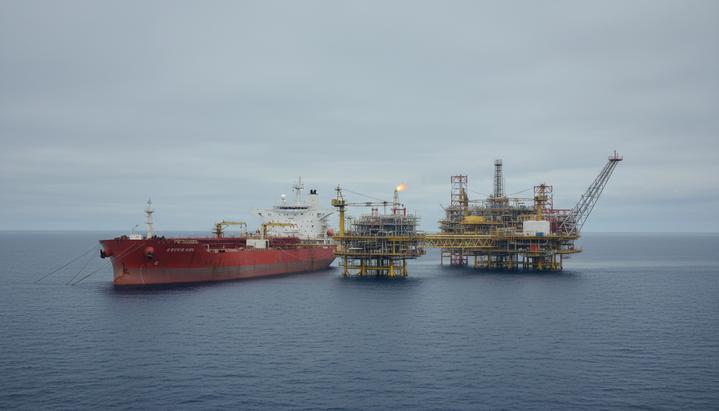 США и Венесуэла договорились о поставках нефти на $2,8 млрд Большой нефтяной танкер стоит на якоре у морской нефтедобывающей платформы посреди океана под пасмурным небом.