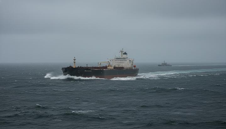 ВМС России эскортируют танкер, преследуемый силами США в Атлантике Большой нефтяной танкер плывет по неспокойному серому морю под пасмурным небом. Вдали виден силуэт военного корабля.