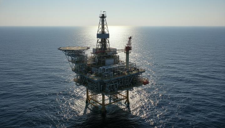 Морская платформа для добычи природного газа в открытом море. Современная конструкция с технологическим оборудованием.