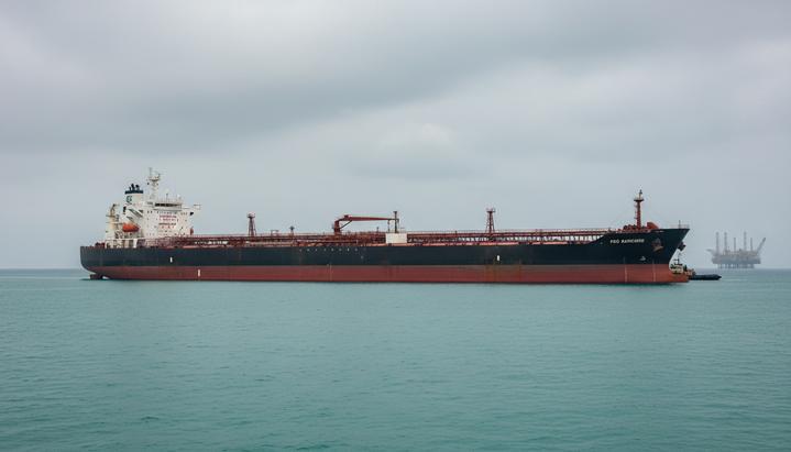 Большой нефтяной танкер на якоре в море у побережья Венесуэлы. На заднем плане виден силуэт морской нефтяной платформы.