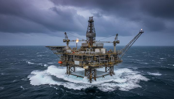 Морская нефтегазовая платформа в суровых водах Северного моря у побережья Норвегии в пасмурную погоду.