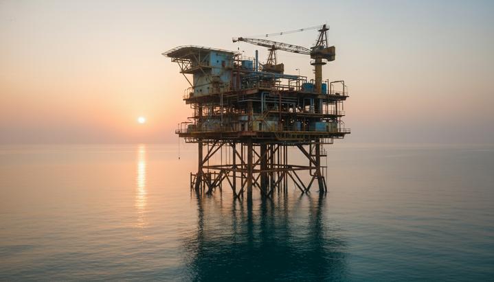 Морская нефтедобывающая платформа в океане на рассвете. Старая, местами проржавевшая буровая установка на фоне спокойной воды.