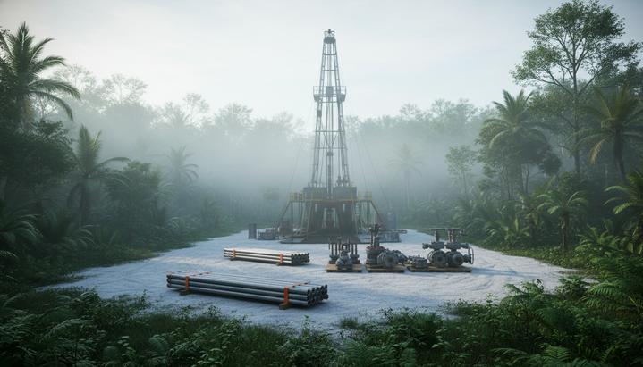 Площадка для бурения на нефтяном месторождении в джунглях Суматры. На переднем плане сложено буровое оборудование, на заднем — буровая установка.