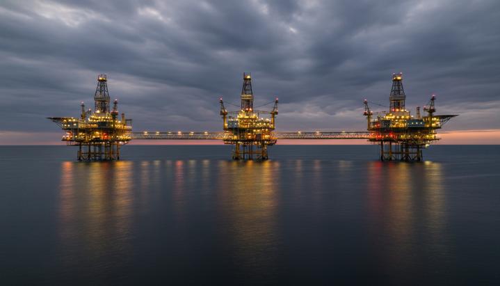 Три морские нефтегазовые платформы в Каспийском море в сумерках. Платформы освещены, их огни отражаются в темной воде под пасмурным небом.