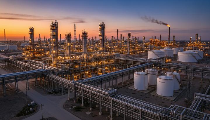 Крупный нефтеперерабатывающий завод с башнями, трубами и резервуарами, подсвеченный промышленными огнями на фоне вечернего неба.