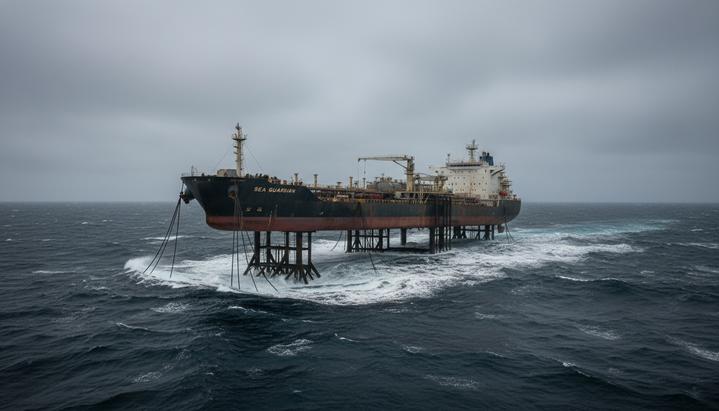 Плавучая установка для добычи, хранения и отгрузки нефти в открытом море на фоне пасмурного неба и неспокойных волн.