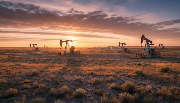 США расширяют нефтегазовую добычу, выставляя на торги новые участки Нефтяные вышки-качалки на равнине в Монтане на рассвете. Промышленный пейзаж на фоне широкого горизонта и облачного неба.