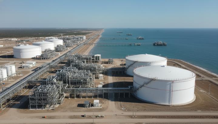 RWE заключила 20-летний контракт на поставку СПГ с проекта Texas LNG Современный терминал по производству СПГ в морском порту. Видны большие резервуары для хранения газа и сеть трубопроводов.