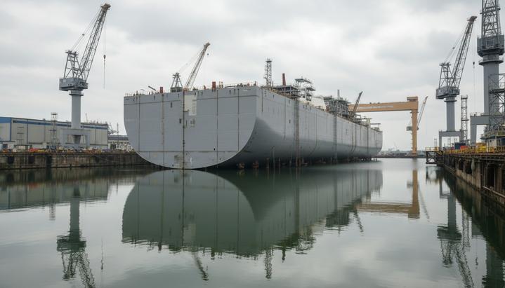 Корпус плавучей СПГ-платформы в сухом доке судостроительной верфи, окруженный портовыми кранами.