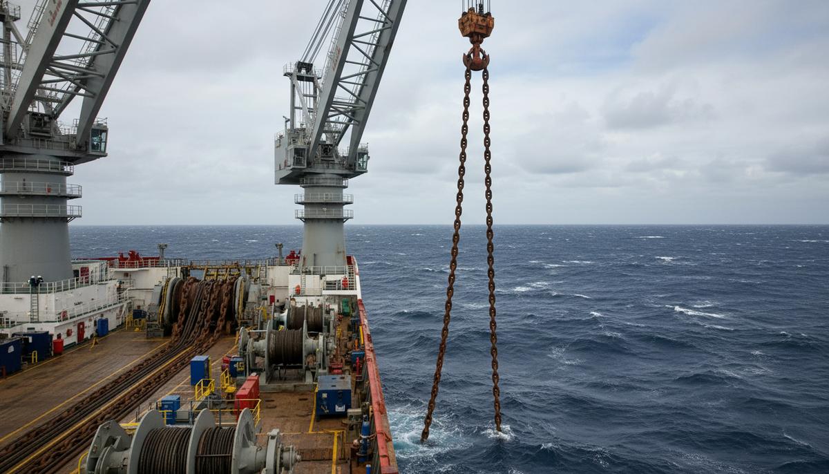 Специализированное морское судно устанавливает массивные якорные цепи швартовной системы в открытом океане.