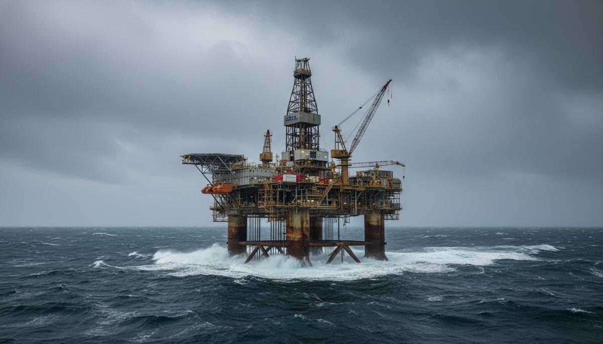 Полупогружная буровая установка «Cosl Innovator» в Норвежском море. Вид на платформу, работающую в открытом море при пасмурной погоде.