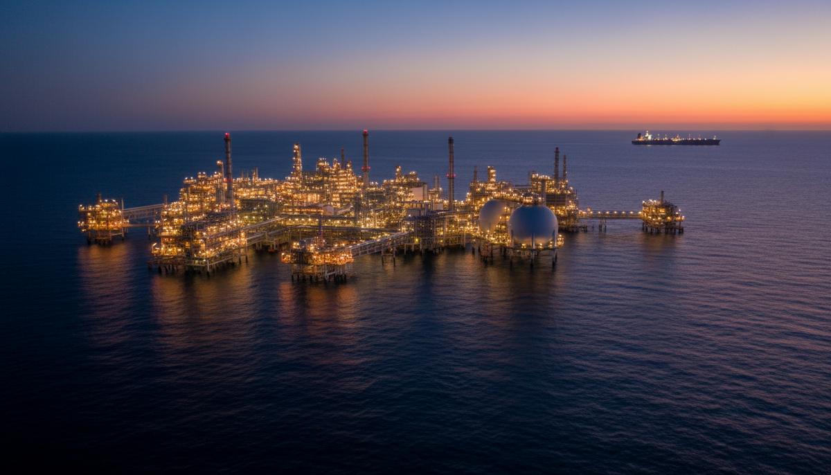 ADNOC Gas поставит в Индию СПГ на сумму до 3 млрд долларов по 10-летнему контракту Морская платформа по производству сжиженного природного газа в море на закате. Промышленные сооружения, трубы и резервуары.