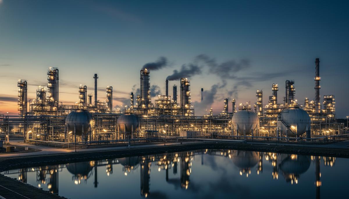 Венгерская MOL Group приобретает долю «Газпром нефти» в сербской NIS Крупный нефтеперерабатывающий завод с освещенными трубами, башнями и резервуарами для хранения на закате.