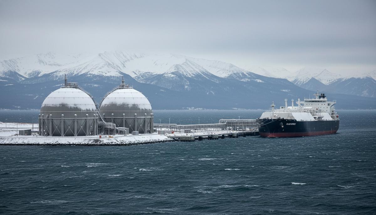 Морской терминал СПГ и газовоз у причала на фоне заснеженных гор Аляски.