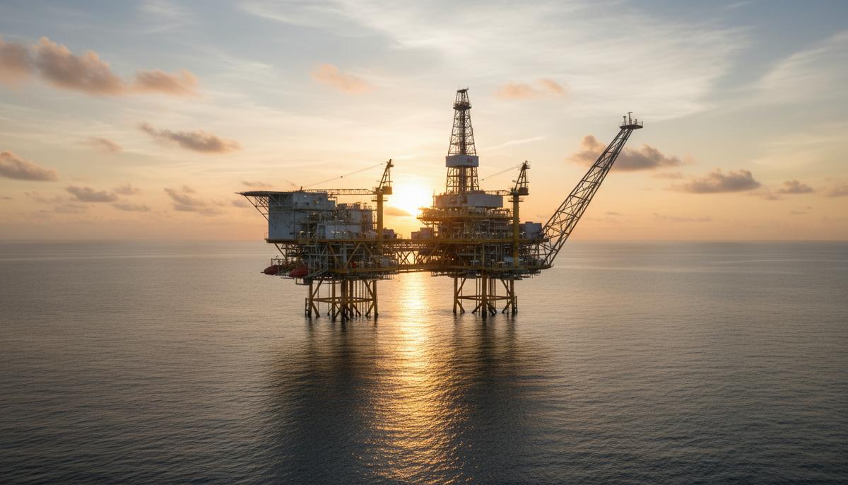Современная морская нефтегазовая платформа в открытых водах Мексиканского залива на рассвете.
