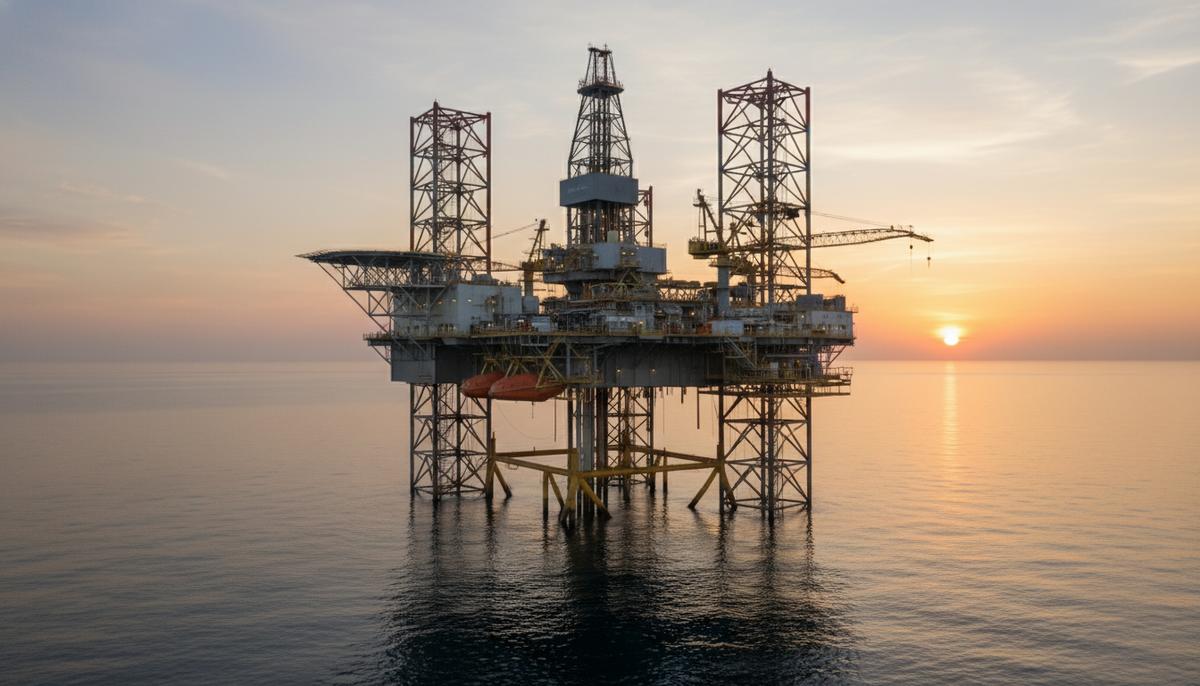 Морская нефтегазовая платформа с буровой вышкой в открытом океане на рассвете, спокойная вода отражает солнечный свет.