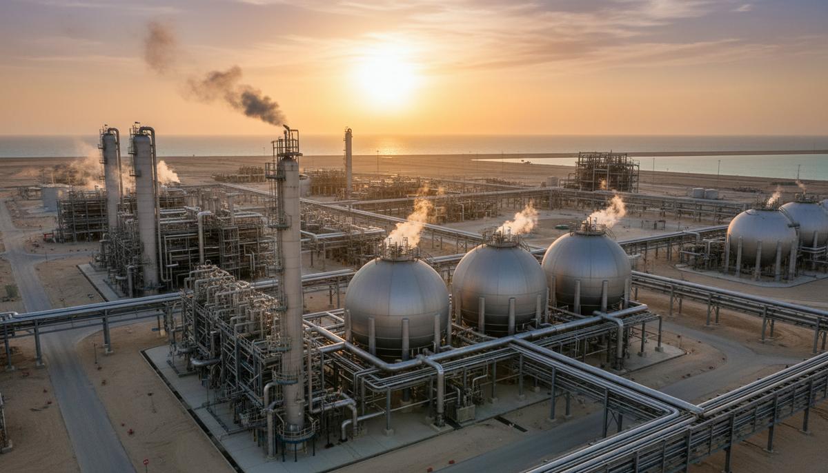 Крупный завод по производству сжиженного природного газа (СПГ) на побережье в Катаре. Промышленные установки, трубы и резервуары для хранения.