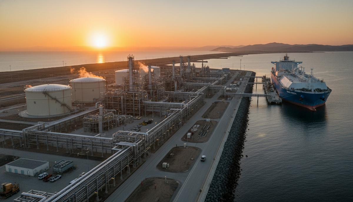 Рост прибыли Kinder Morgan: компания обеспечивает 40% поставок газа на СПГ-заводы Промышленный пейзаж: завод по сжижению природного газа и танкер-газовоз у причала на рассвете.