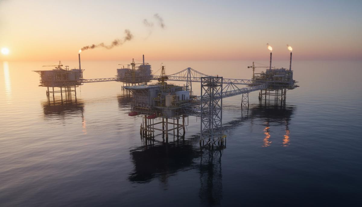 ADNOC заключила с McDermott контракт на расширение проекта Nasr-115 в ОАЭ Морской нефтегазовый комплекс, состоящий из нескольких платформ, соединенных мостом, в открытом море на рассвете.