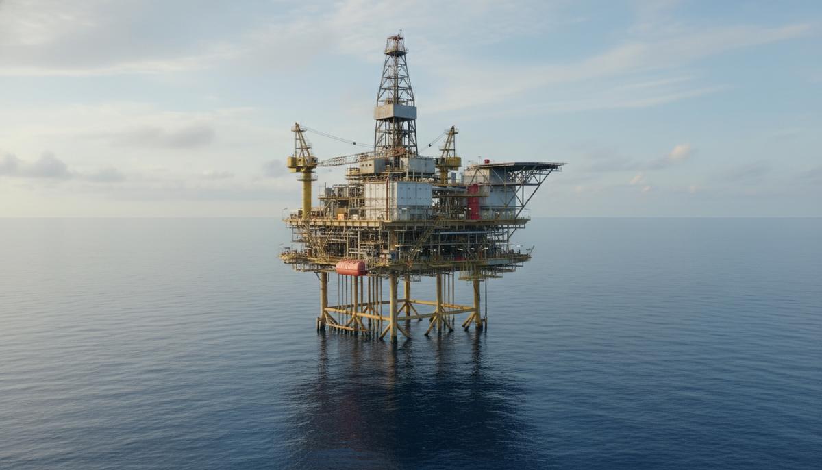 Морская нефтегазовая платформа для добычи углеводородов в открытом море. Стальная конструкция с буровой вышкой и трубами.