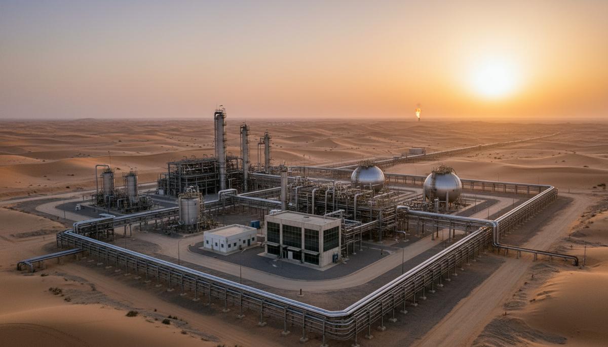 Нефтегазовый комплекс с трубопроводами и резервуарами в ливийской пустыне на рассвете. На горизонте виден газовый факел.