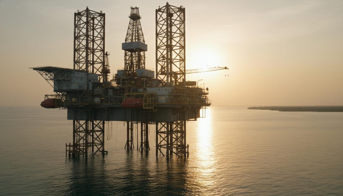 Морская нефтегазовая платформа на мелководье у побережья дельты Нигера. Вид на буровую установку в океане.