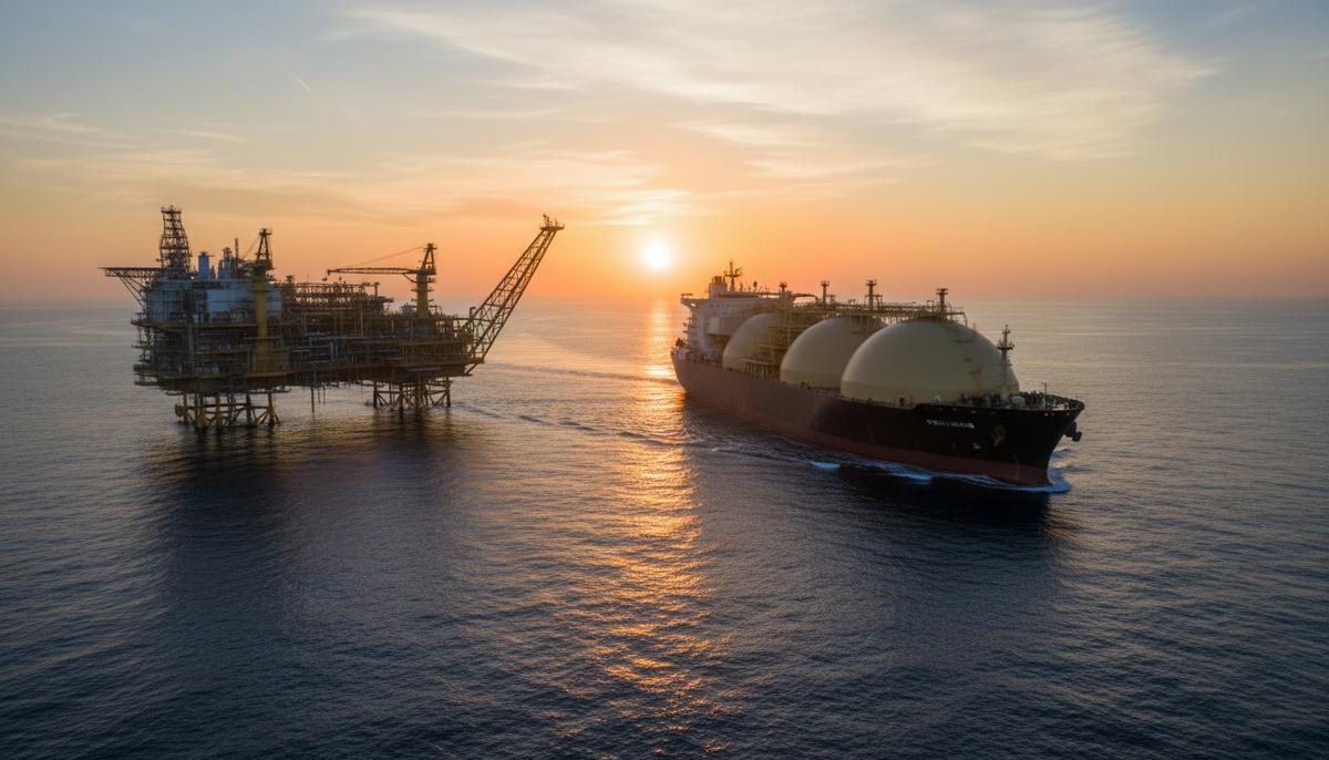 Танкер-газовоз для СПГ и морская нефтегазовая платформа (FPSO) в открытом океане на рассвете.