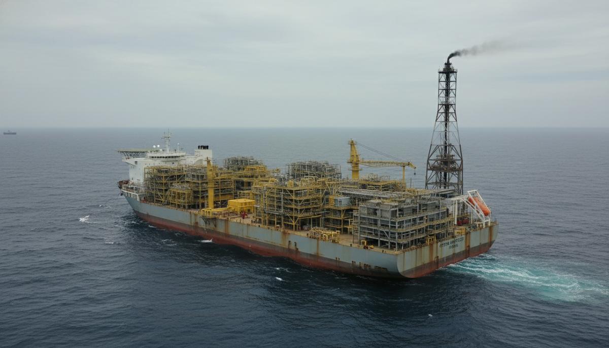 MODEC и Eld Energy создают топливные элементы для декарбонизации платформ Плавучая установка для добычи, хранения и отгрузки нефти (FPSO) в открытом море. На палубе расположено сложное промышленное оборудование и трубопроводы.