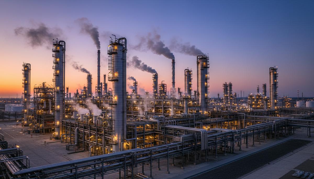 Промышленный пейзаж с нефтехимическим заводом, переплетением труб и освещенными ректификационными колоннами в сумерках.
