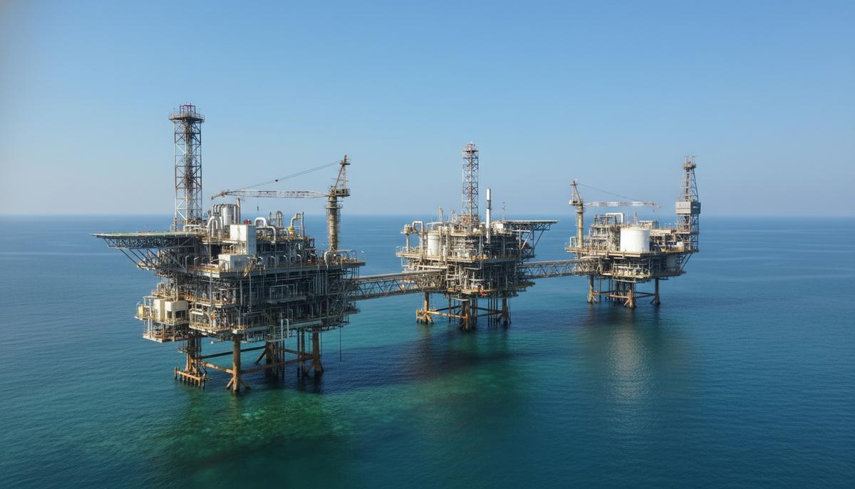 Морская нефтегазовая платформа в Аравийском море. Видны буровая вышка, трубы и вертолетная площадка в ясный день.