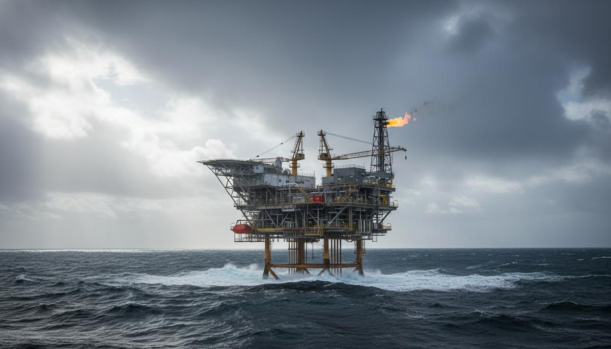 Морская нефтегазовая платформа «Браге» для добычи углеводородов в суровых условиях Северного моря на фоне облачного неба.