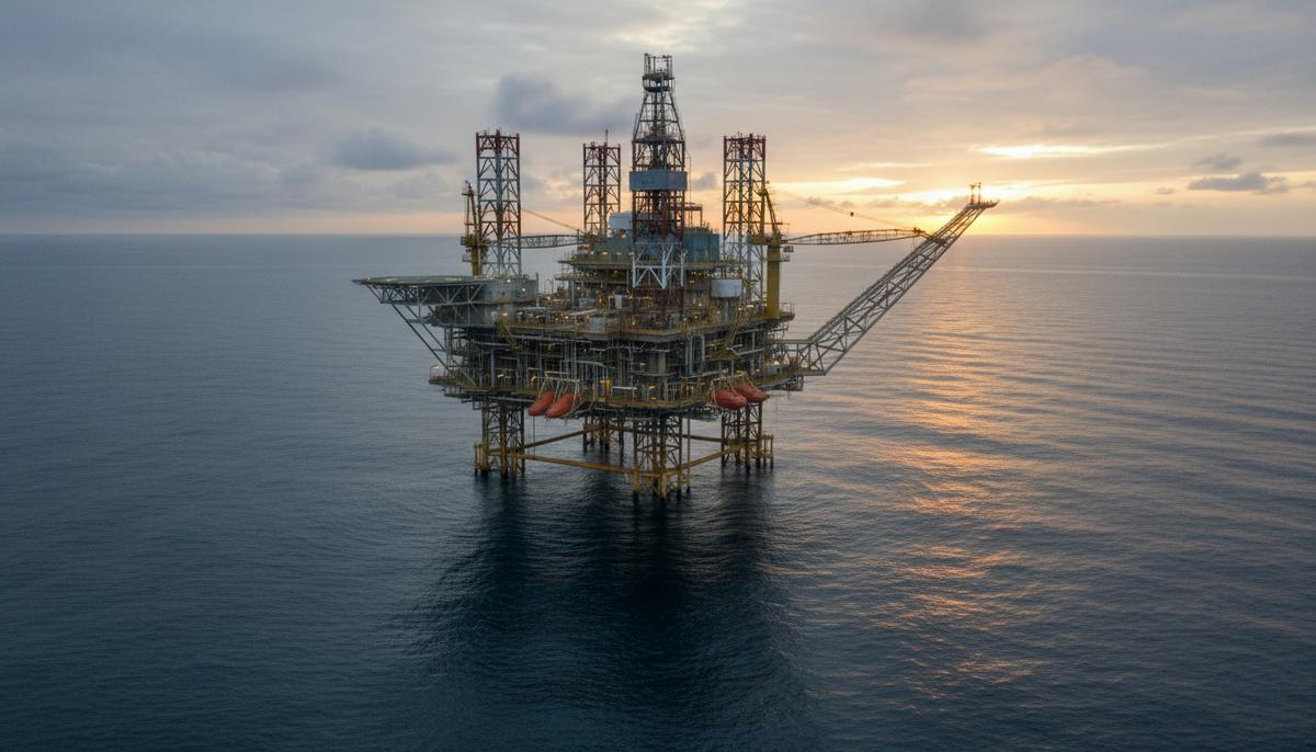 Морская нефтегазовая платформа в открытом море на рассвете. Видны буровая вышка, трубы и вертолетная площадка.