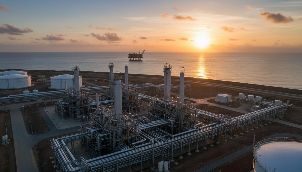 Крупный завод по производству СПГ на побережье Мозамбика на рассвете. На горизонте в море видна газовая платформа.