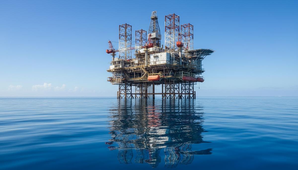 Оффшорная платформа для добычи нефти и газа, расположенная в открытом море. Стальная конструкция на фоне спокойной воды и неба.