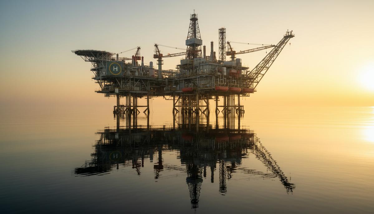 Морская нефтегазовая платформа в открытом море на рассвете, вид на сложную конструкцию с буровой вышкой.