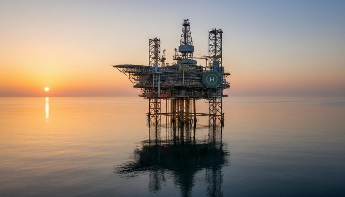 Прибыль Chevron снизилась в 2025 году на фоне рекордной добычи Морская нефтегазовая платформа в океане на рассвете. Видны буровые вышки, трубы и вертолетная площадка.