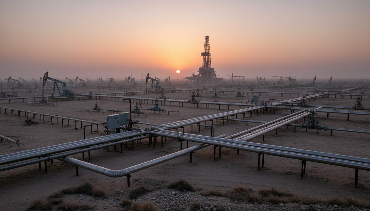 Газовое месторождение с буровыми скважинами и сетью трубопроводов. На заднем плане видна буровая установка.