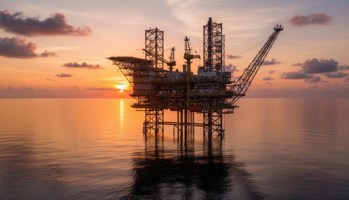 Морская нефтегазовая платформа в открытом море на фоне заката. Металлические конструкции и оборудование для добычи.