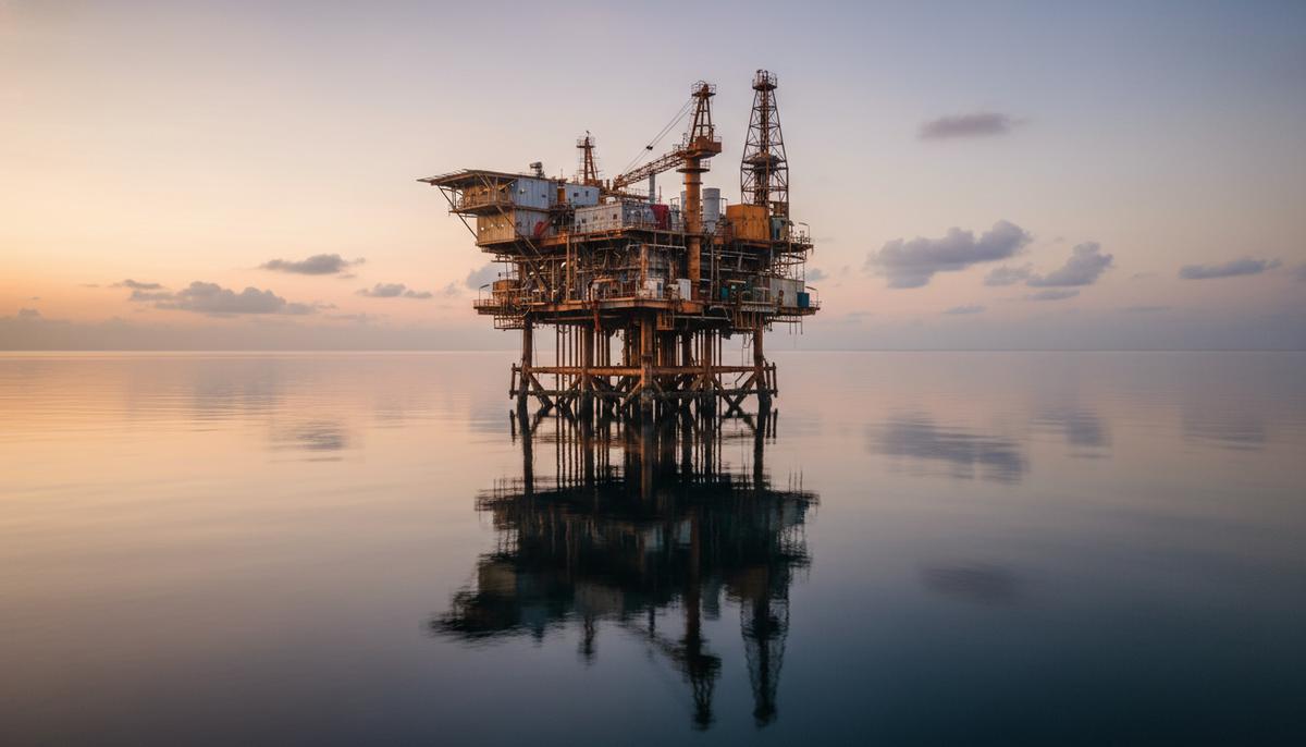 Старая морская нефтегазовая платформа в открытом море. Металлическая конструкция с признаками коррозии на фоне спокойной воды и неба.
