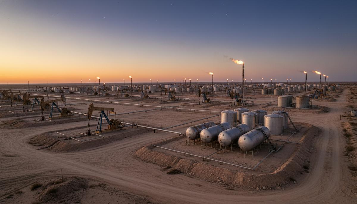 Devon и Coterra создают сланцевого гиганта стоимостью $58 млрд Промышленный пейзаж с оборудованием для добычи сланцевой нефти и газа в пустынной местности Пермского бассейна.