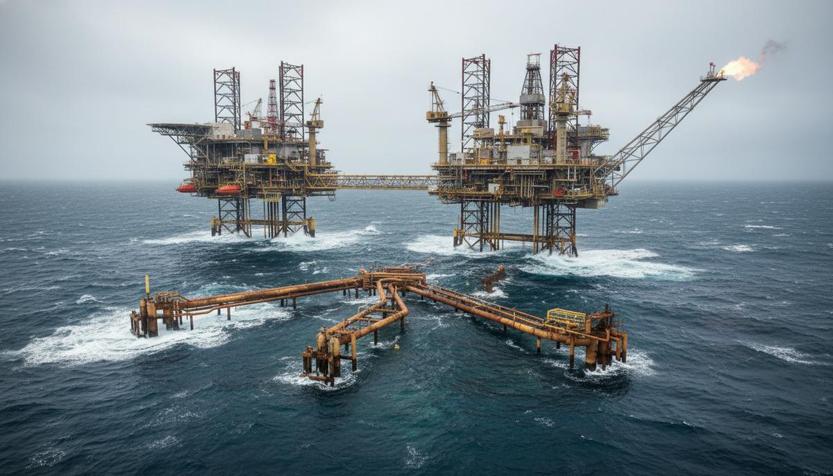 Aker BP запустила вторую фазу добычи на месторождении Solveig Морская нефтегазовая платформа в Северном море и видимая на морском дне подводная инфраструктура трубопроводов.