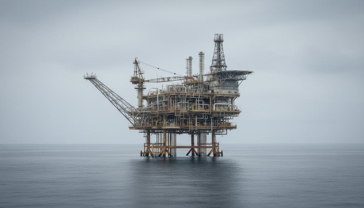 Морская газодобывающая платформа в Гвинейском заливе. Промышленный комплекс с трубами и вышками в открытом море.