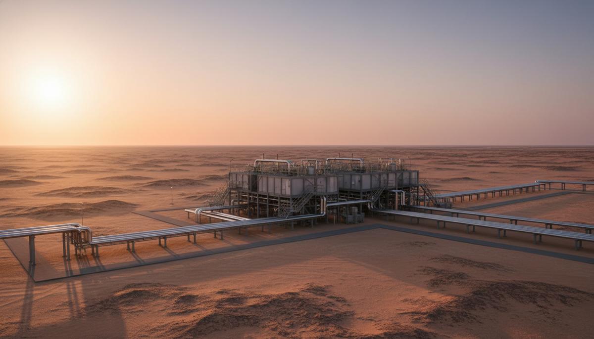 Модульный нефтегазовый комплекс с системой трубопроводов и резервуаров, расположенный в пустынной местности на фоне восходящего солнца.