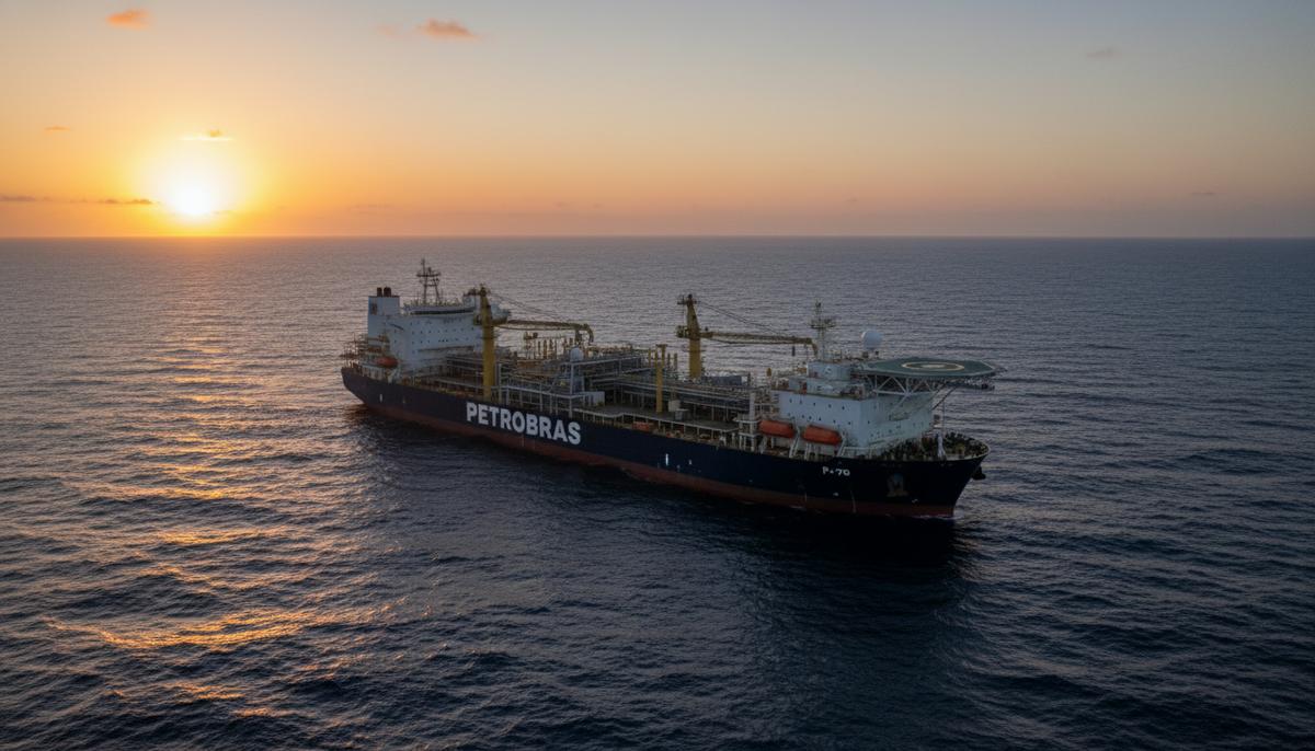 Современная морская нефтегазовая платформа (FPSO) в открытом океане на закате. Видны палубы, краны и вертолетная площадка.