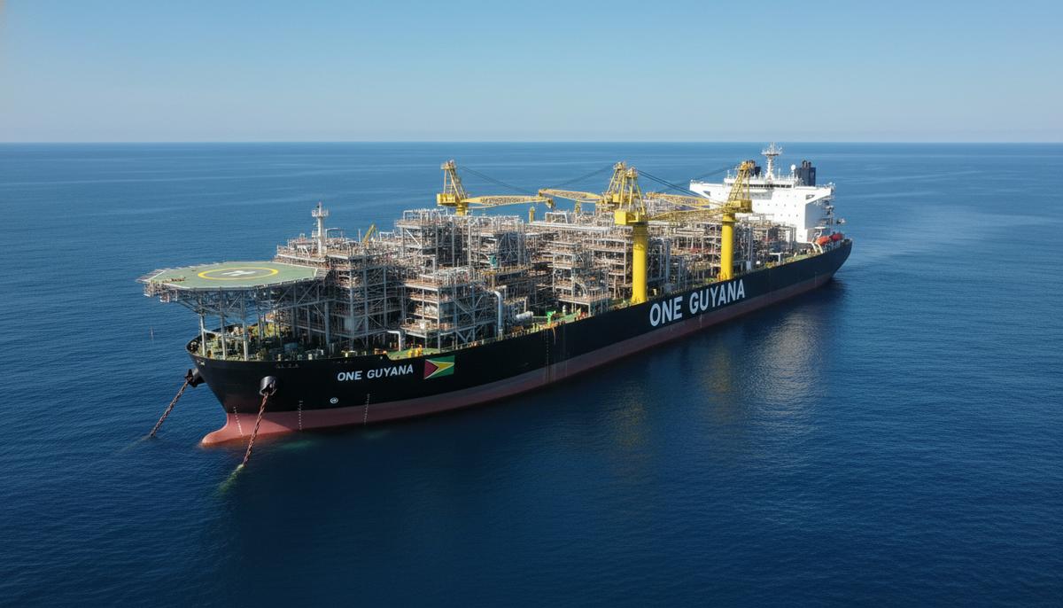 Большое плавучее судно для добычи, хранения и отгрузки нефти и газа (FPSO) «ONE GUYANA» на якоре в открытом море.