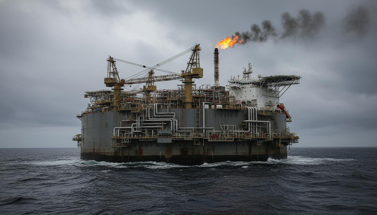 Морская нефтегазовая платформа в бурных водах Северного моря под пасмурным небом.